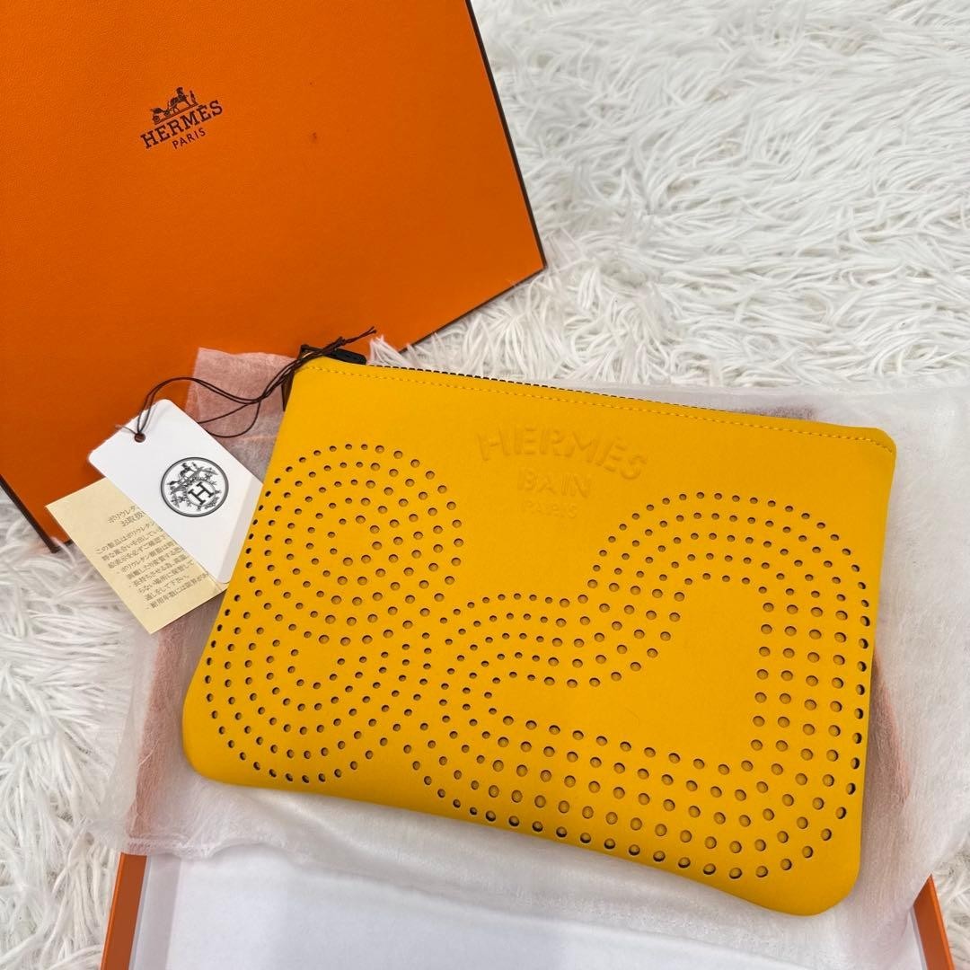 Authentic HERMES Neobain Zen au Soleil PM Pouch Yellow Heart Clutch w/Box