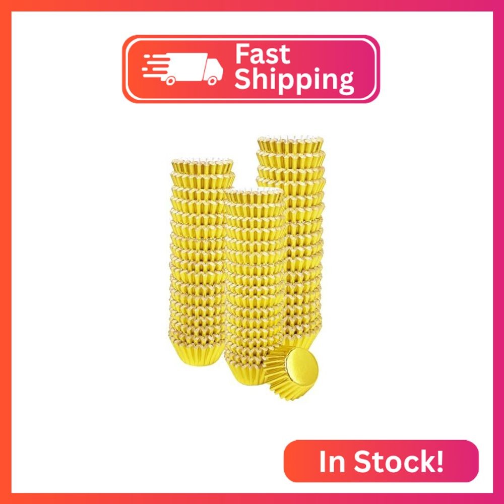qiqee Foil Cupcake Liners, 300 Count, Mini Size, Gold