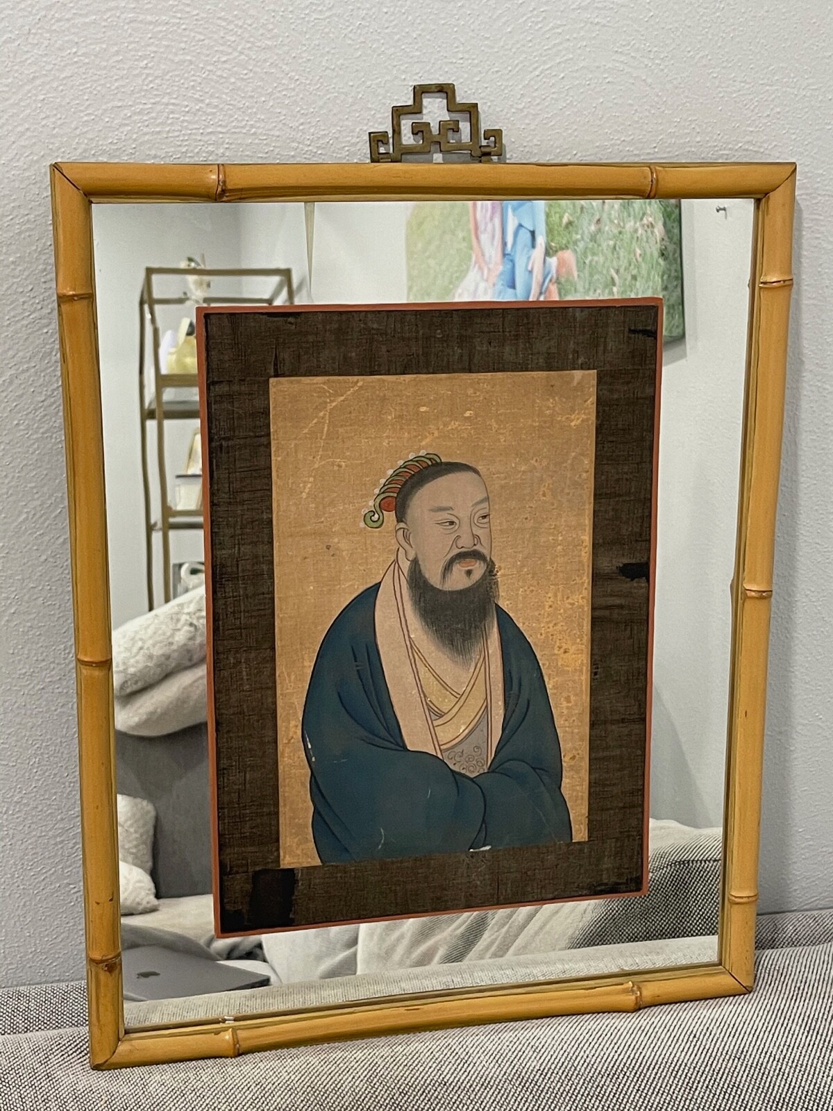 Vtg Antique Chinese Print on Fabric Possibly King Wen of Zhou or King Cheng