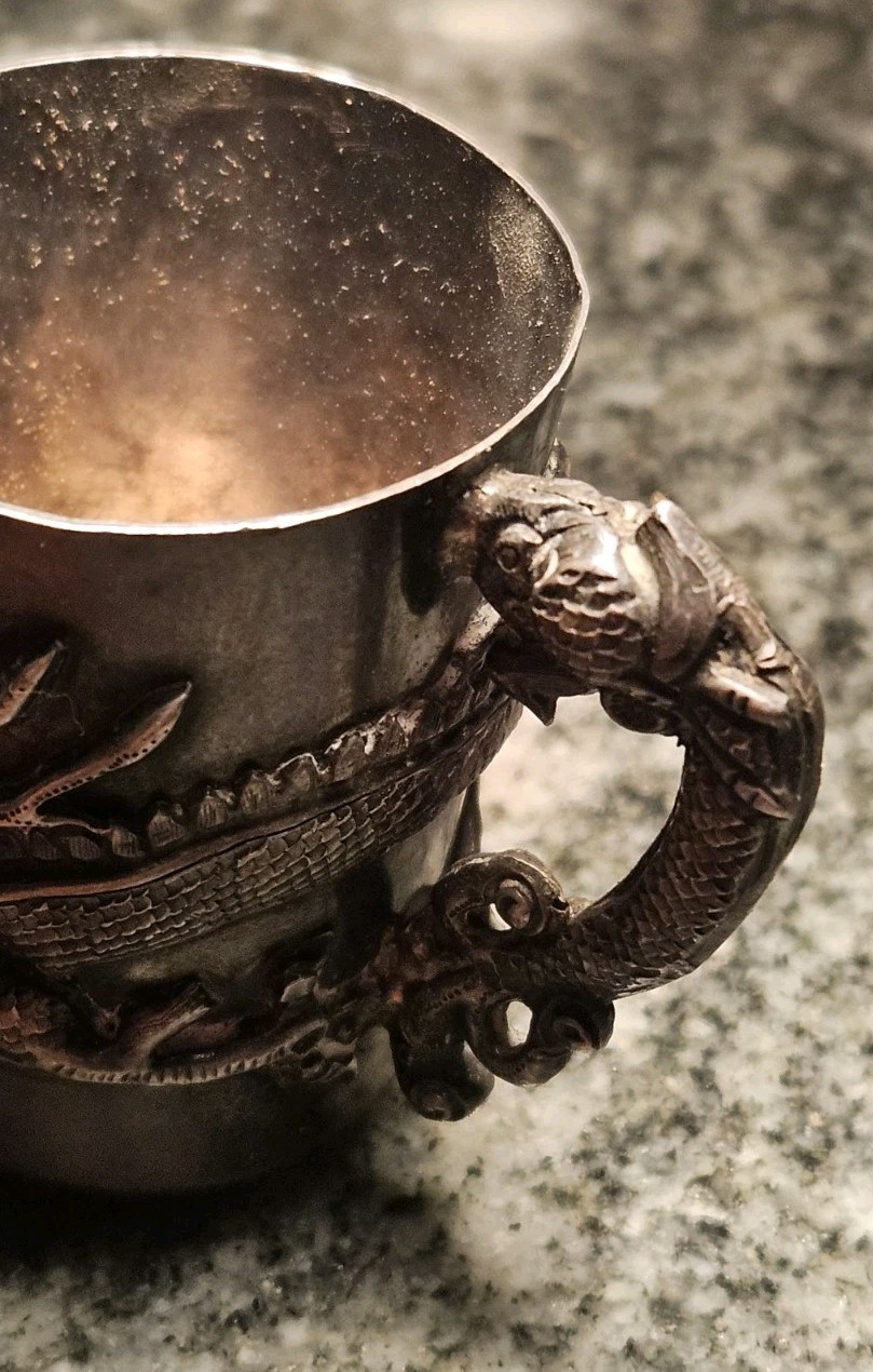 Chinese Export Silver Tea Dragon Cup  c1890  Gold Wash Fine Silver 