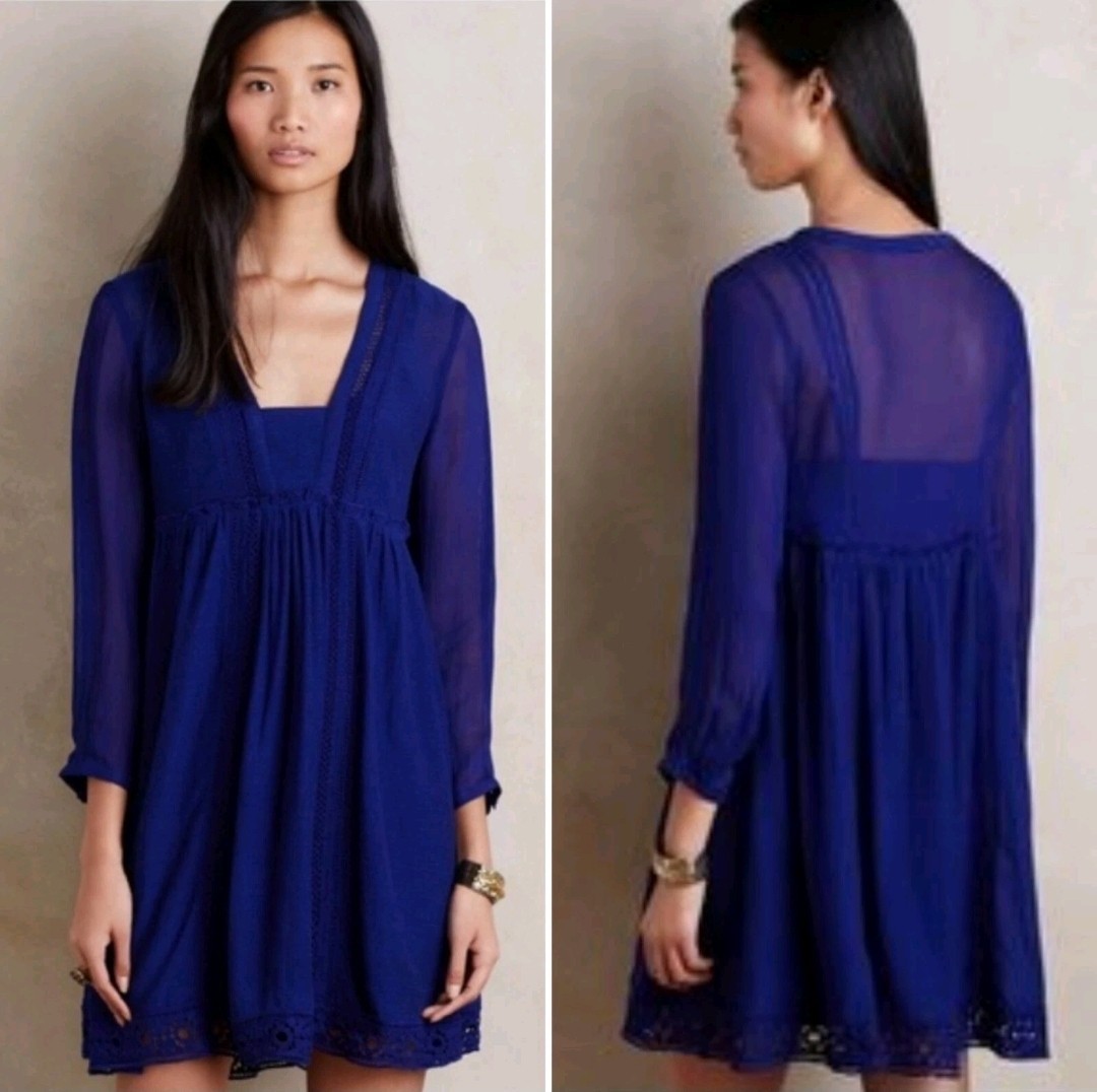 $128 Anthropologie Boho Tunic Mini Dress sz 4 Crocheted Blue Lace Sheer ¾ Sleeve