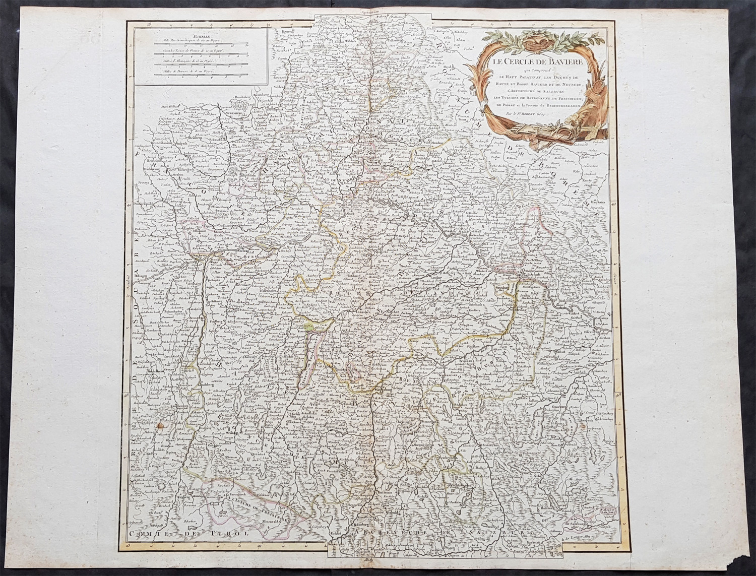 1757 Robert De Vaugondy Large Antique Map of Bavaria & River Danube, Germany