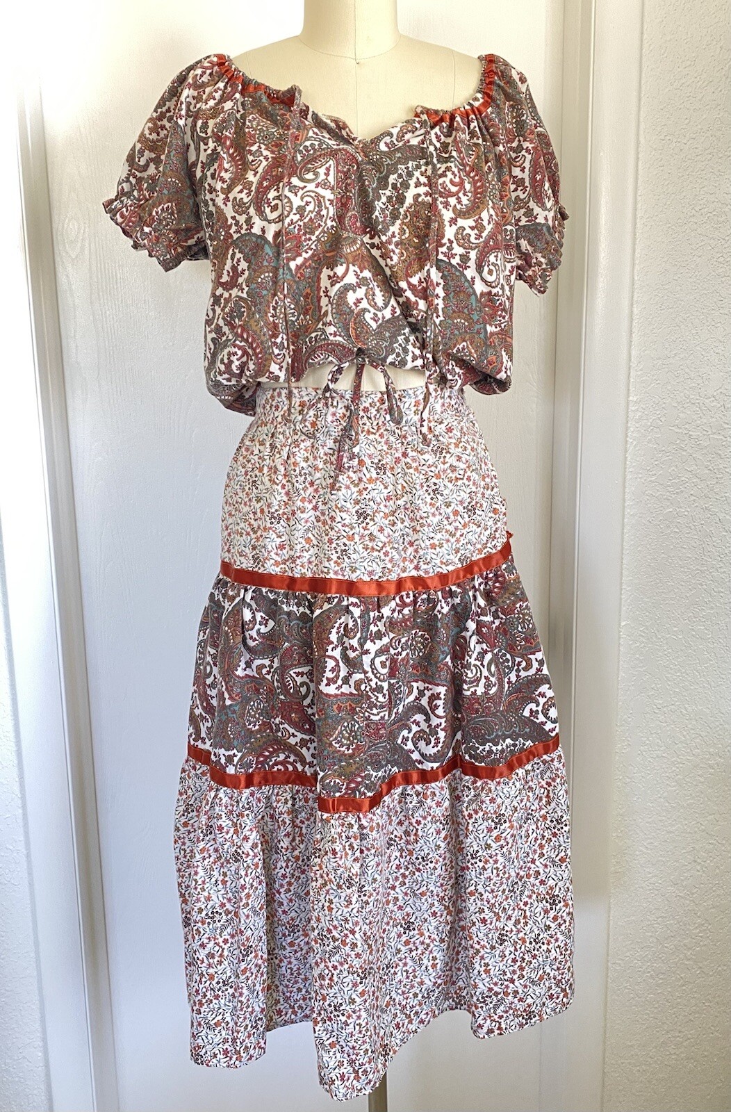 Vintage 70s Boho Hippie Calico Prairie Crop Top Skirt SET Peasant 24\
