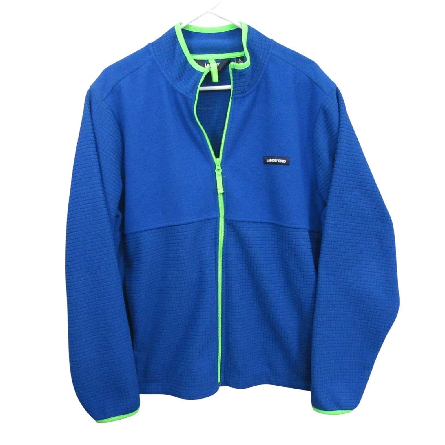 Lands End Mens Fleece Jacket L Blue Grid Full Zip Mock Neck Logo