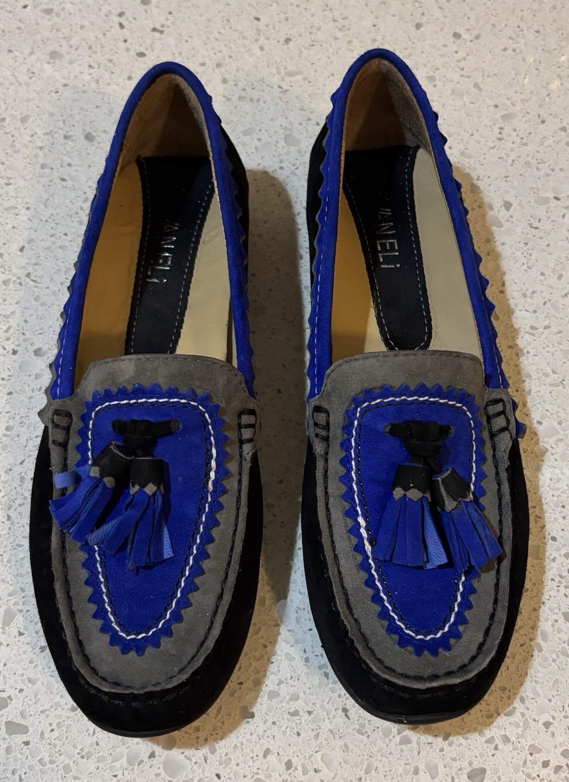 VINTAGE VANELI SAMPLE Black Blue Two-tone Suede Slides Loafers New In Box Sz 7.5
