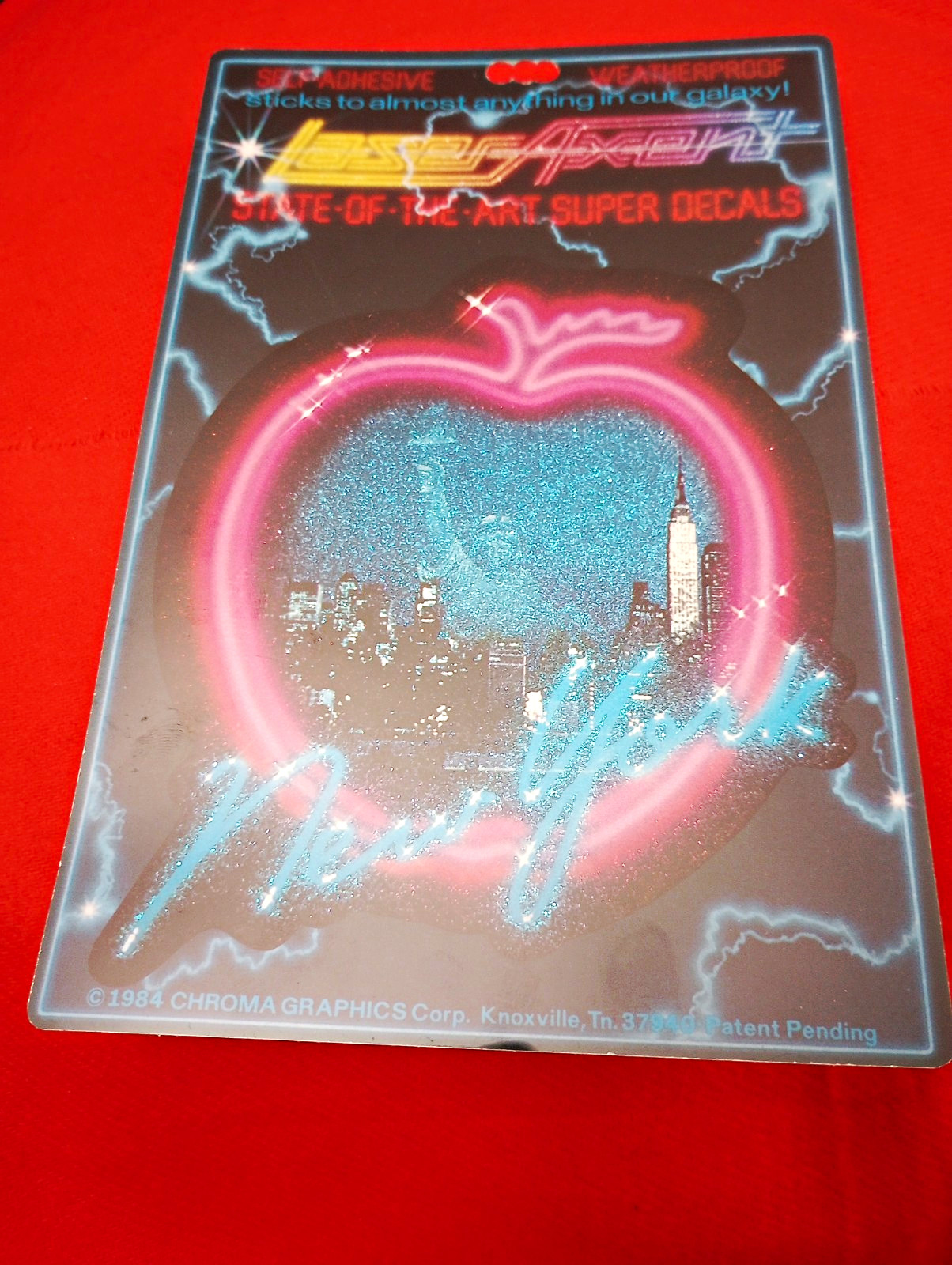 🔥RARE 1984 Laser Accent Chroma Graphics Neon Apple New York Glitter Sticker NOS