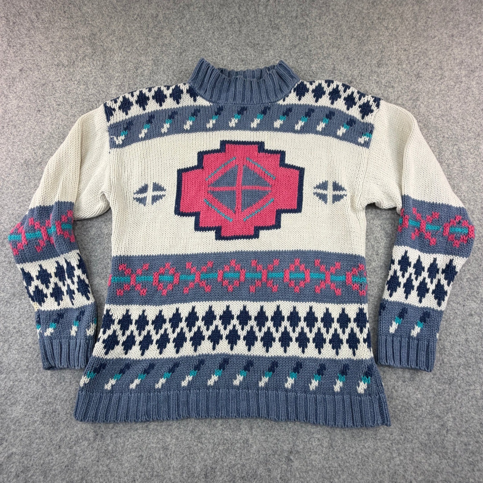 Nuovo Vintage Southwestern Knit Sweater Mock Neck Ramie Cotton Blue Pink Large Nuovo Vintage Southwestern Knit Sweater Mock Neck Ramie Cotton Blue Pink Large