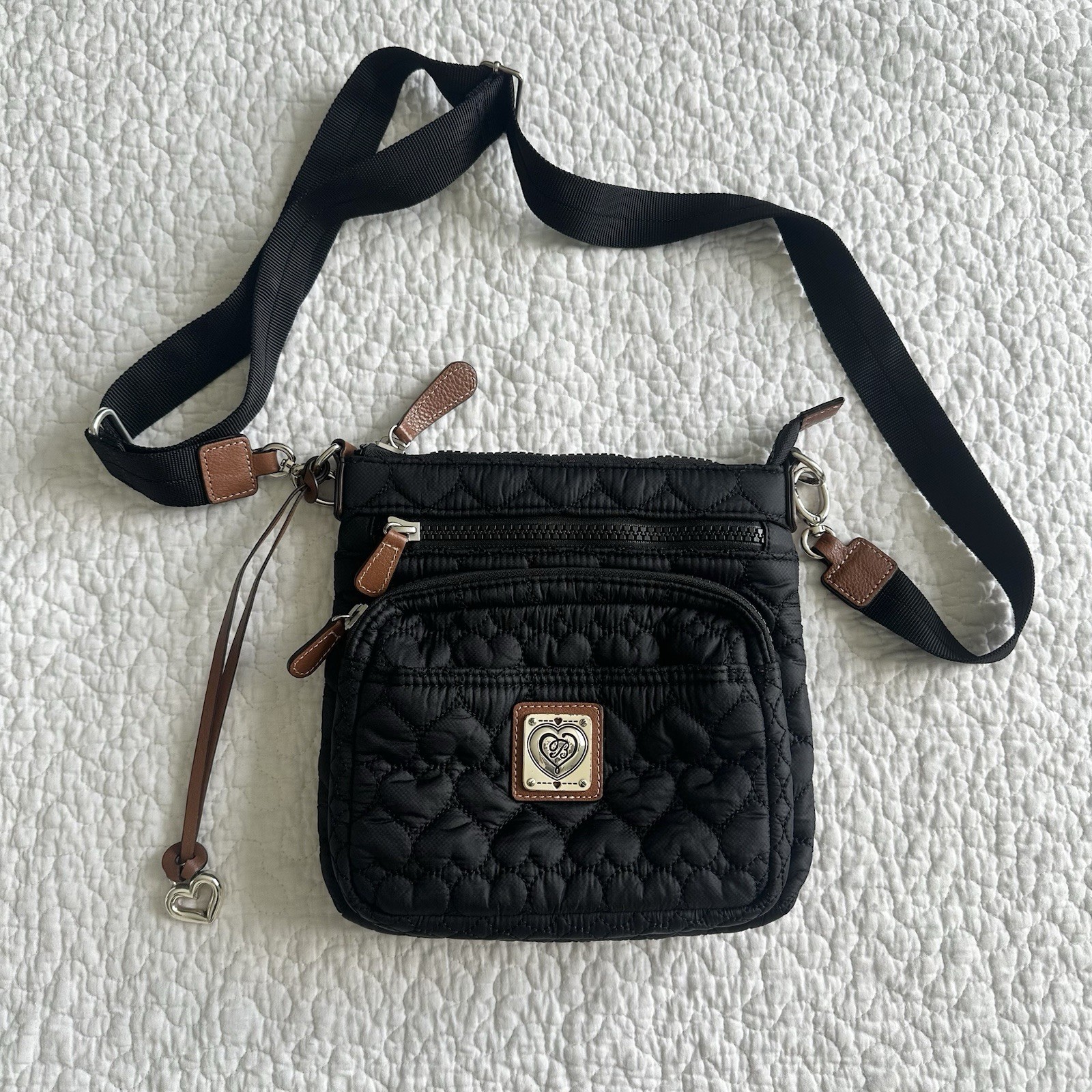 Brighton Kallista Heart To Heart Messenger Bag Black with Tan Accents Brighton Kallista Heart To Heart Messenger Bag Black with Tan Accents