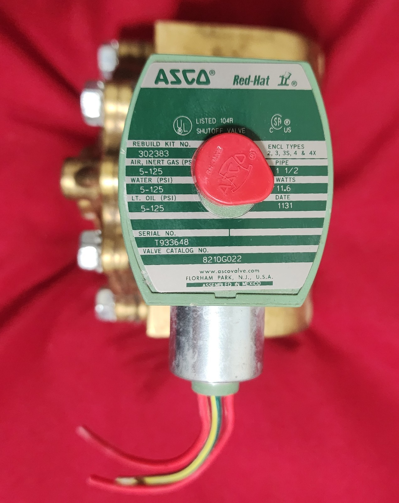 ASCO Red Hat Water Valve Large Brass DC solenoid operation