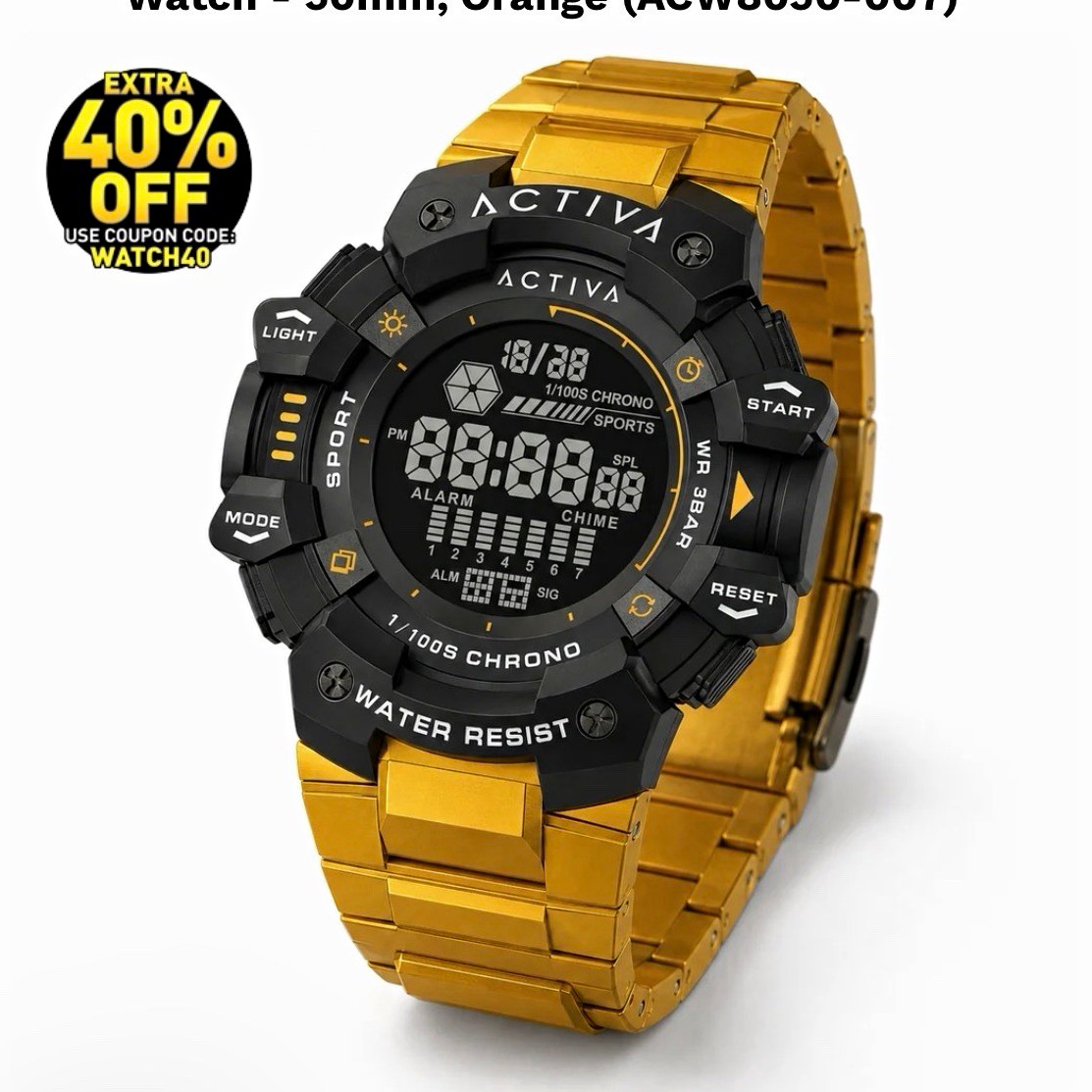 Activa X Invicta Digital Quartz Watch 50mm Gold Bracelet Black Case 30m Activa X Invicta Digital Quartz Watch 50mm Gold Bracelet Black Case 30m