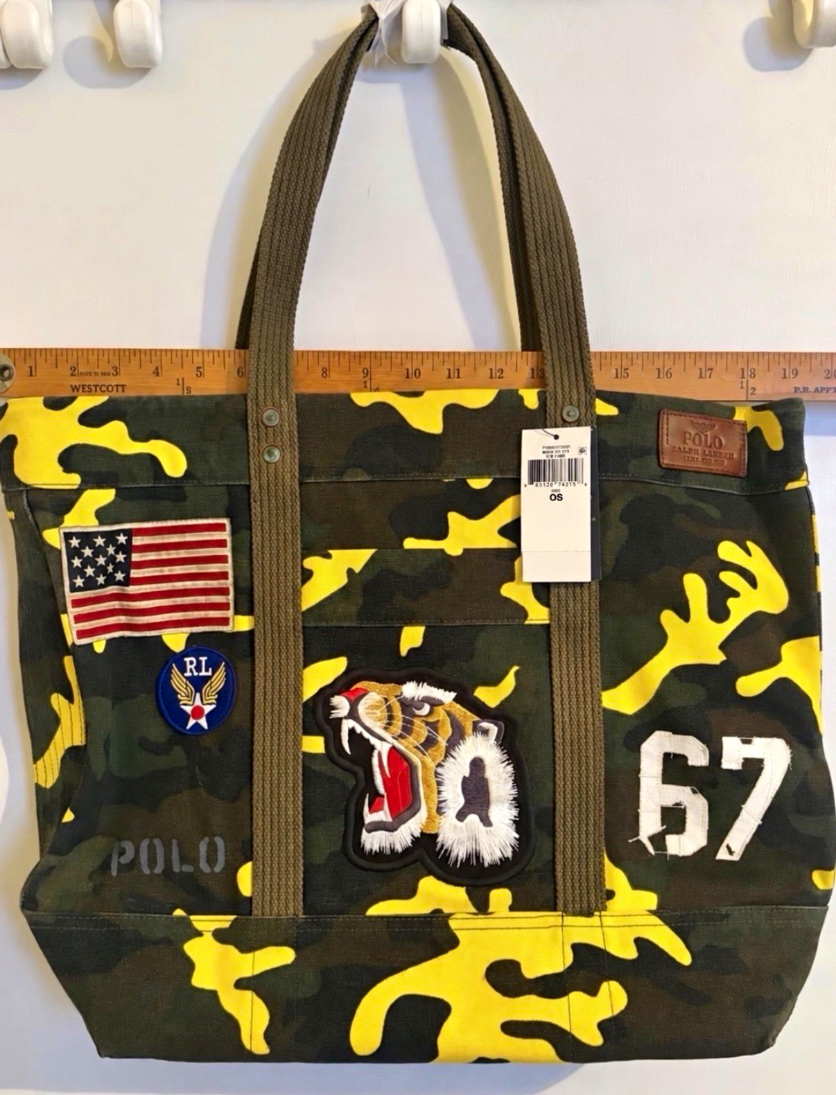 Polo Ralph Lauren Tiger Patch Yellow Camo Canvas Tote Bag NWT Rare 67