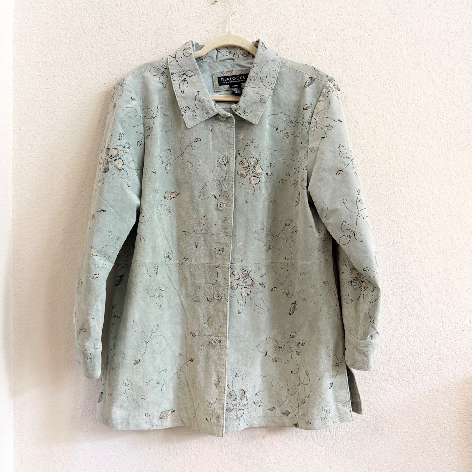 Vintage Dialogue Large Sage Green Floral Suede Leather Button Front Jacket