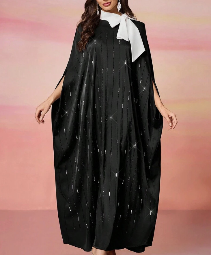 Women\'s Solid Color Bowknot Collar Heavily Jeweled Elegant Abaya dress, ONE SIZE