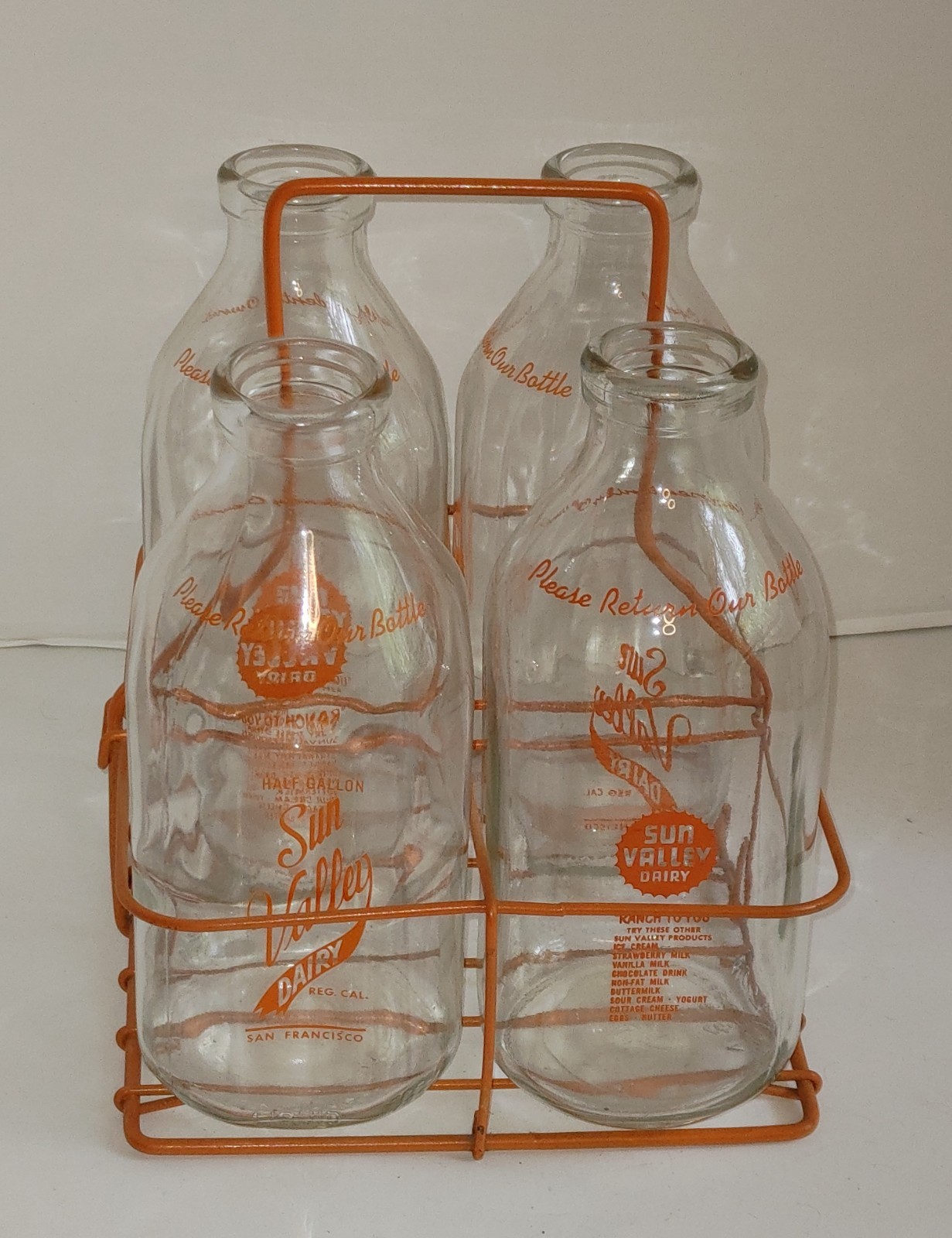 Vintage Sun Valley Dairy San Francisco California 1/2 Gal Milk Bottles & Carrier