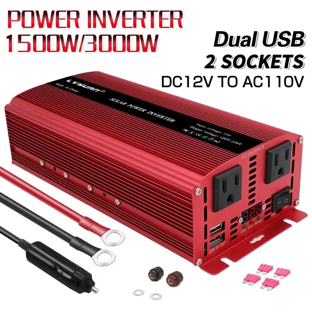 1500W 3000W Power Inverter 12V to 110V 120V Converter with 2USB 2AC Black Red