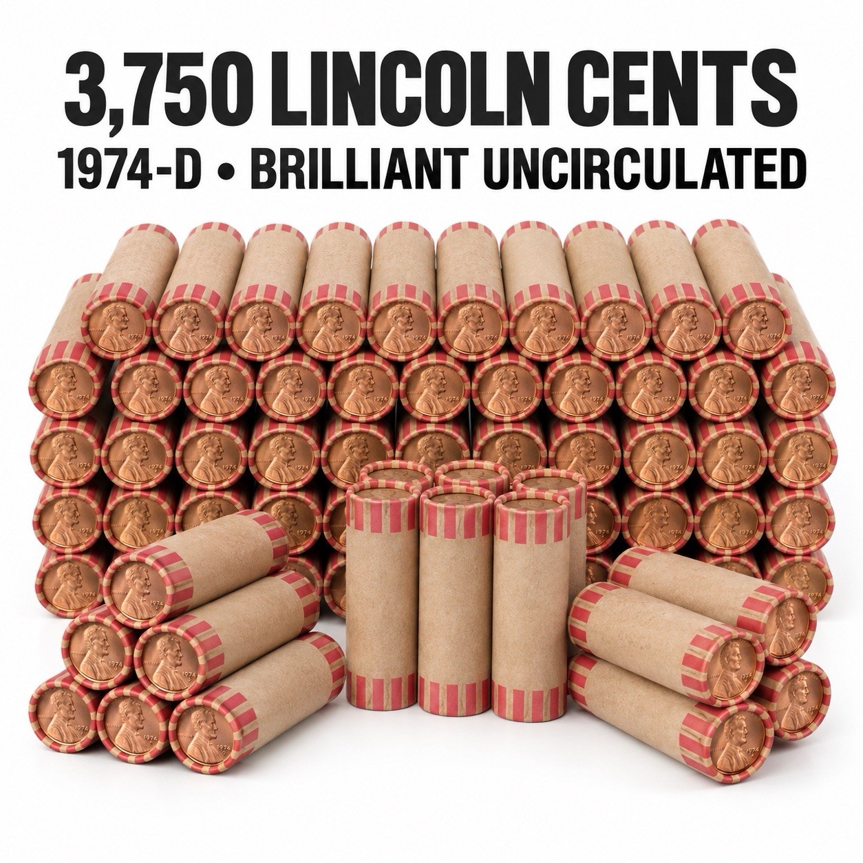 1974-D 1C Lincoln Cent CH BU 3750 Cents. 3/4 Of A Mint Bag. Individually Rolled