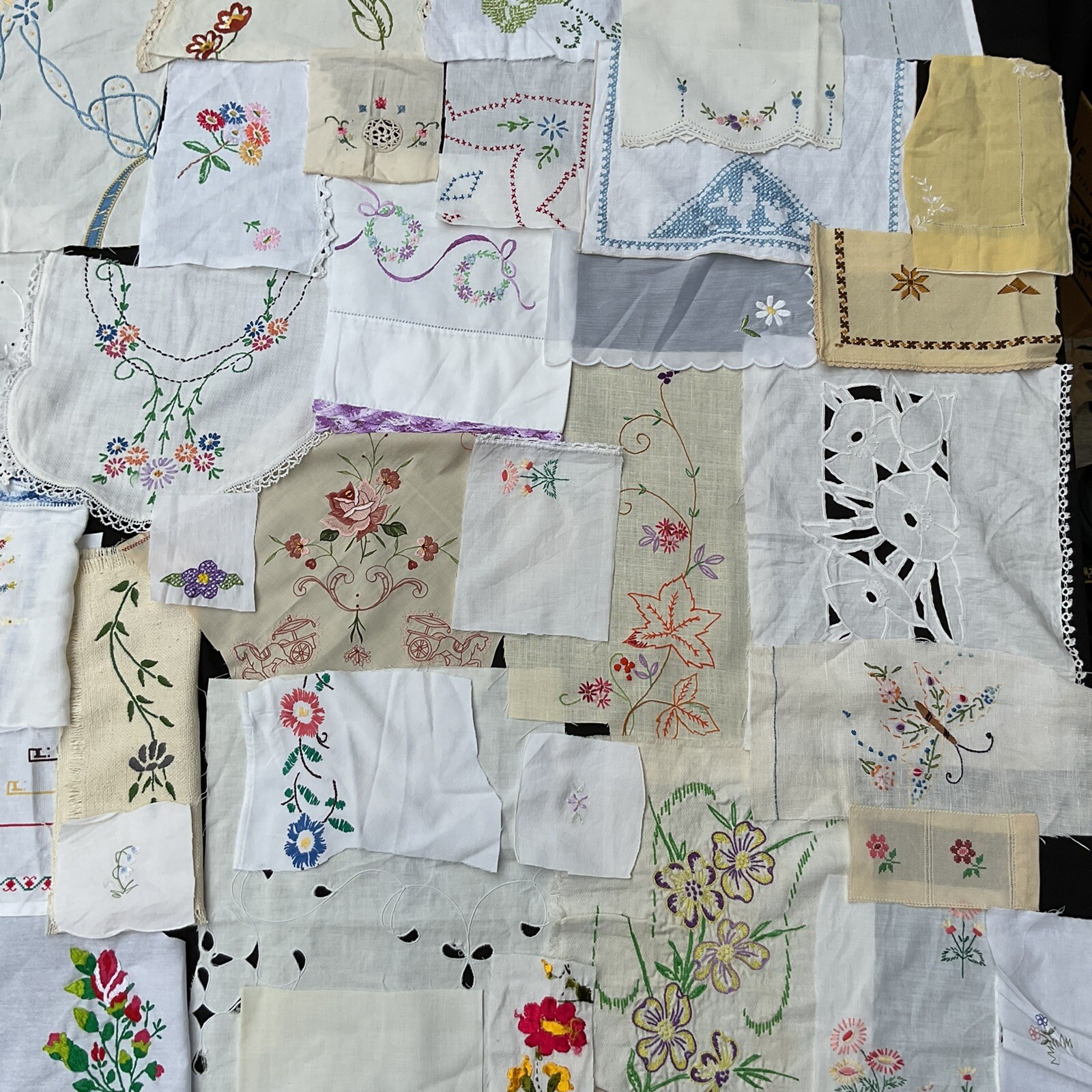 Handstitched Embroidered Fabric Scraps Hankie Slow Stitch Junk Journal Vintage