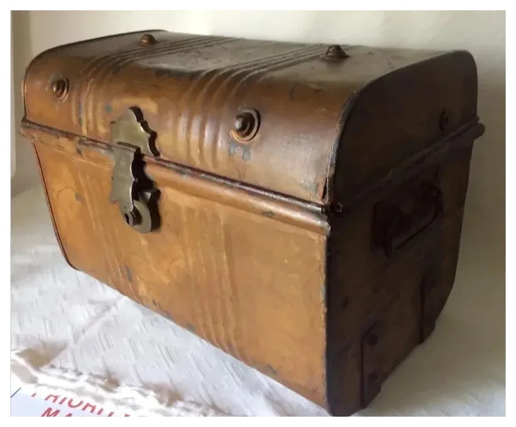 Antique 1872 Primitive English Miniature Tin Trunk Coach Travel Suitcase Antique 1872 Primitive English Miniature Tin Trunk Coach Travel Suitcase