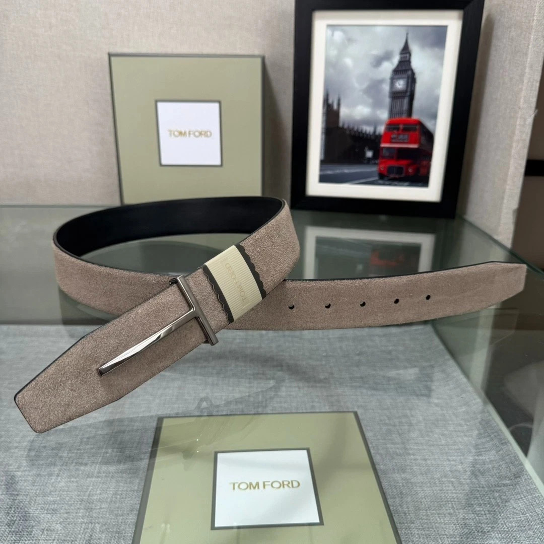 Tom Ford Men\'s Reversible Black/Gray Suede Leather T Buckle Belt 38mm Real Photo