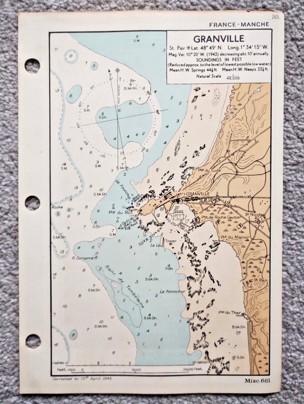 Granville, France - 1943 Vintage Admiralty Royal Navy Map (Seller Ref D2)