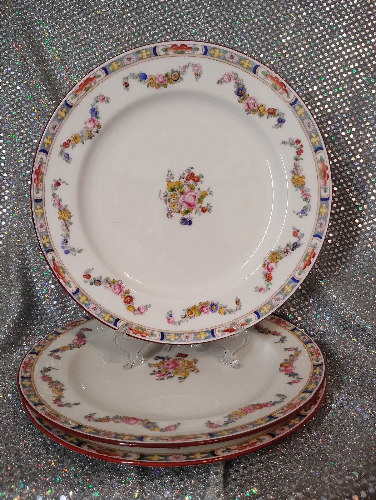 Set of 3 - MINTONS ROSE  Dinner Plates Flowers Swags 10 1/8\