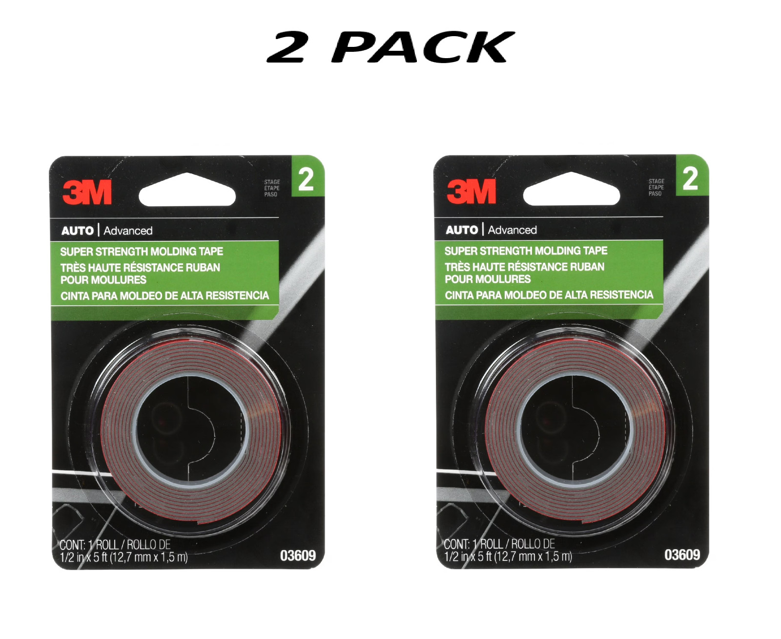 (2 Pack) 3M Automotive Super Strength Molding Tape 1/2in x 5 ft Double Sided.