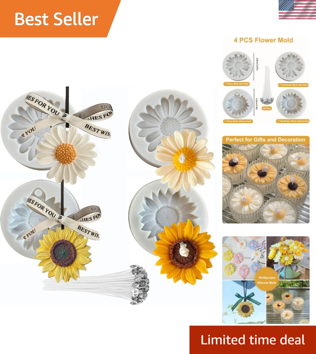 54Pack Silicone Flower Mold for Candles Set, 4Pack Daisy Sunflower Molds with 50