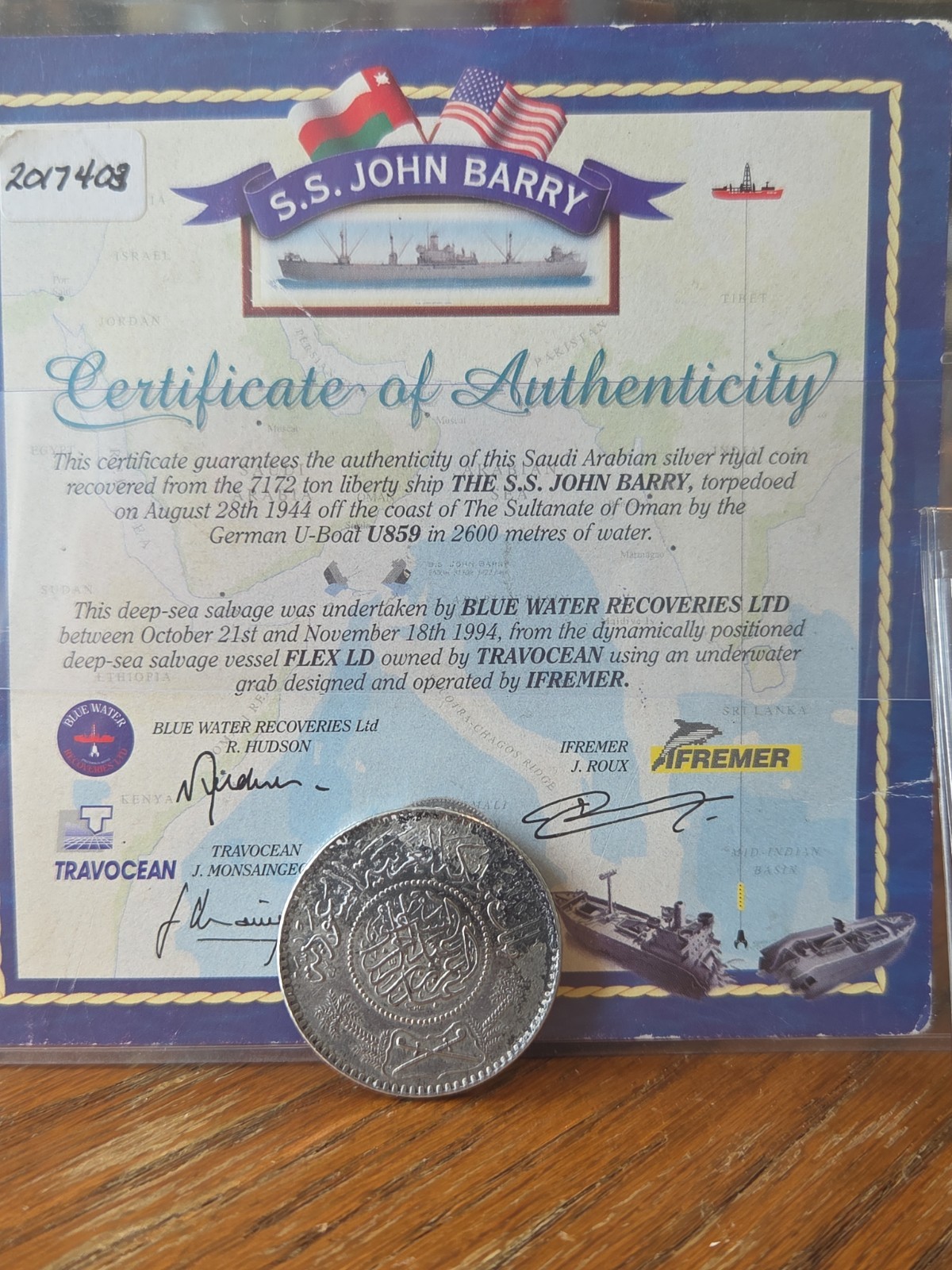 Saudi Arabia 1 Riyal 1935 Silver – SS John Barry Shipwreck Recovered + COA 🇸🇦