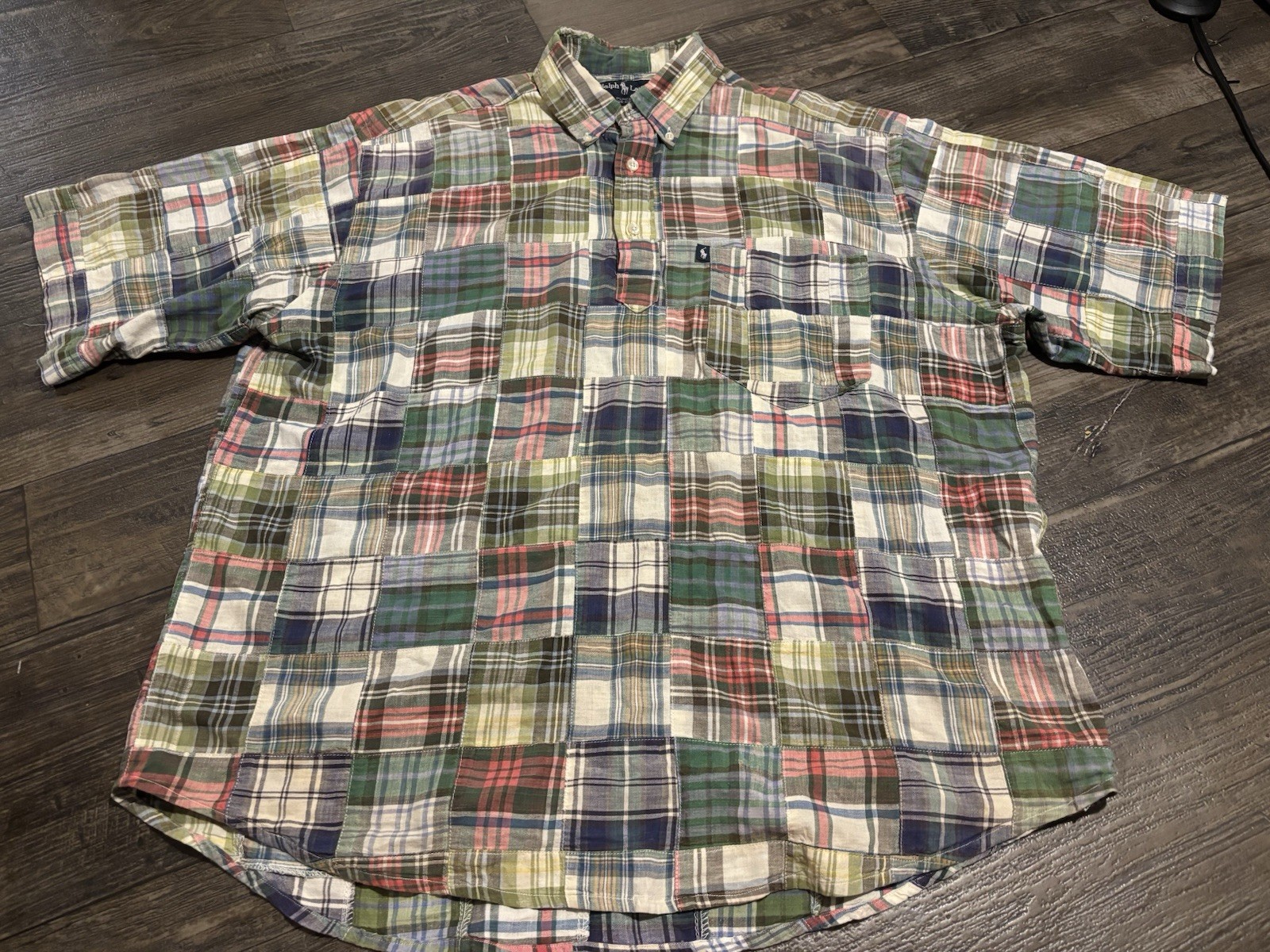 Polo Ralph Lauren VTG S/S Button Up Mens Large Madras Plaid Patchwork Purcell