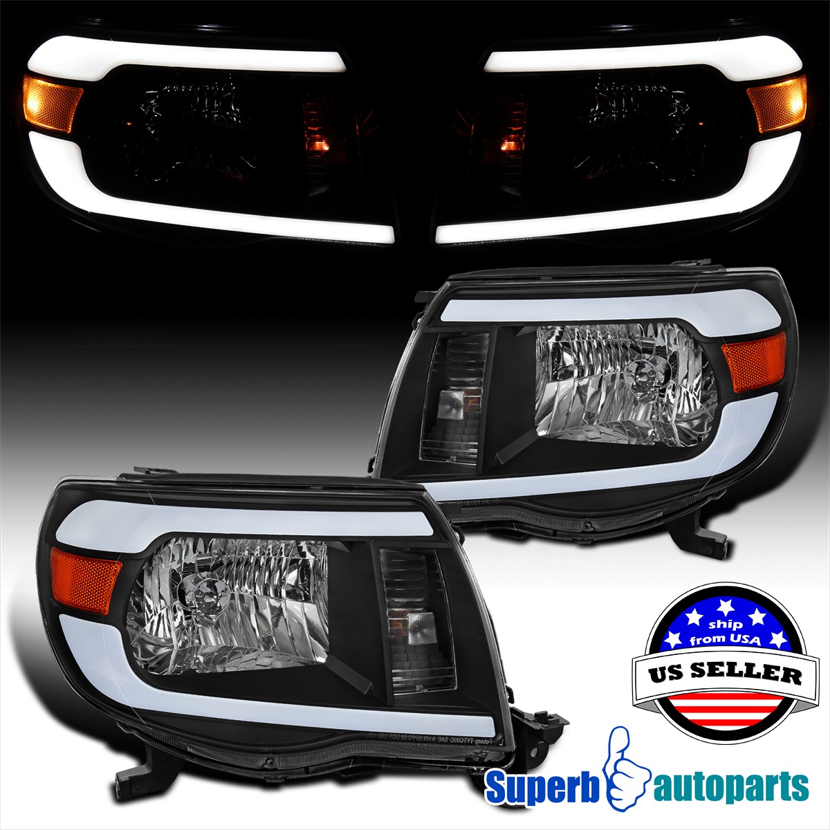 For 2005-2011 Toyota Tacoma Black Headlights w/ LED Tube Bar Turn signal lamps