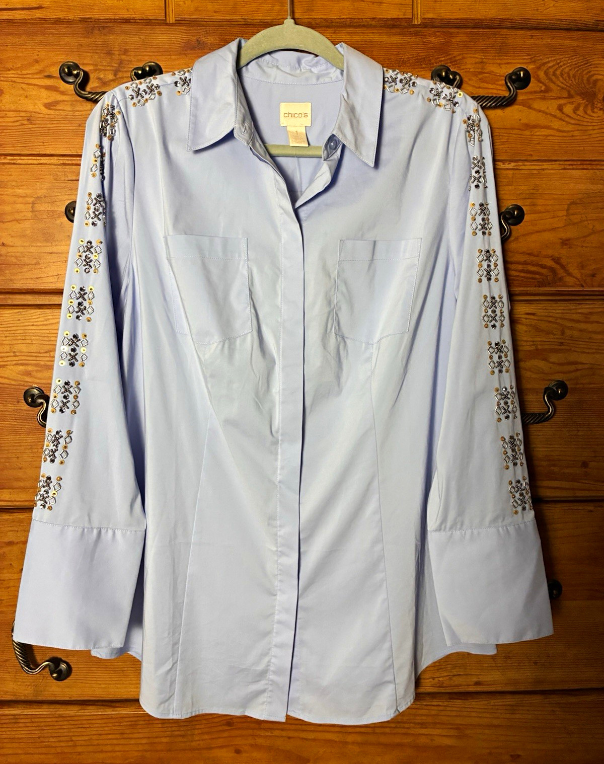 NWT Chico\'s Women’s Blue Button-Up Shirt Collared Embellished Long Sleeve M NWT Chico\'s Women’s Blue Button-Up Shirt Collared Embellished Long Sleeve M