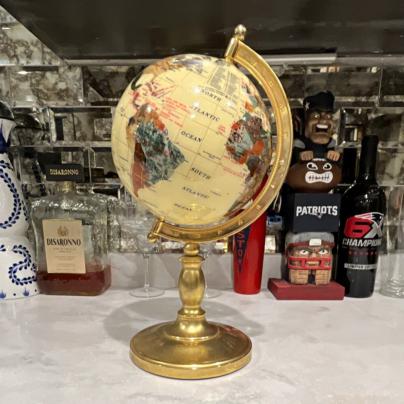 Vintage Alexander Kalifano Gemstone WorldGlobe Mother of Pearl Inlay Brass Stand