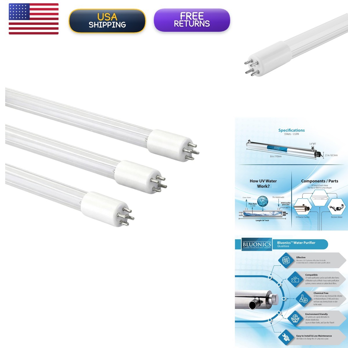 BLUONICS 3-Pack 55W 4-Prong UV Bulbs for Whole House Water Treatment Systems
