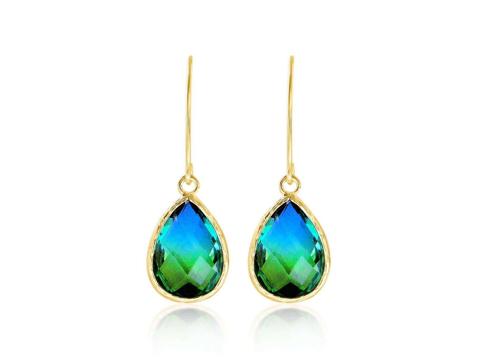 Long Ombre Style Sparkling Glass Earrings - faceted teardrops with gold colored 