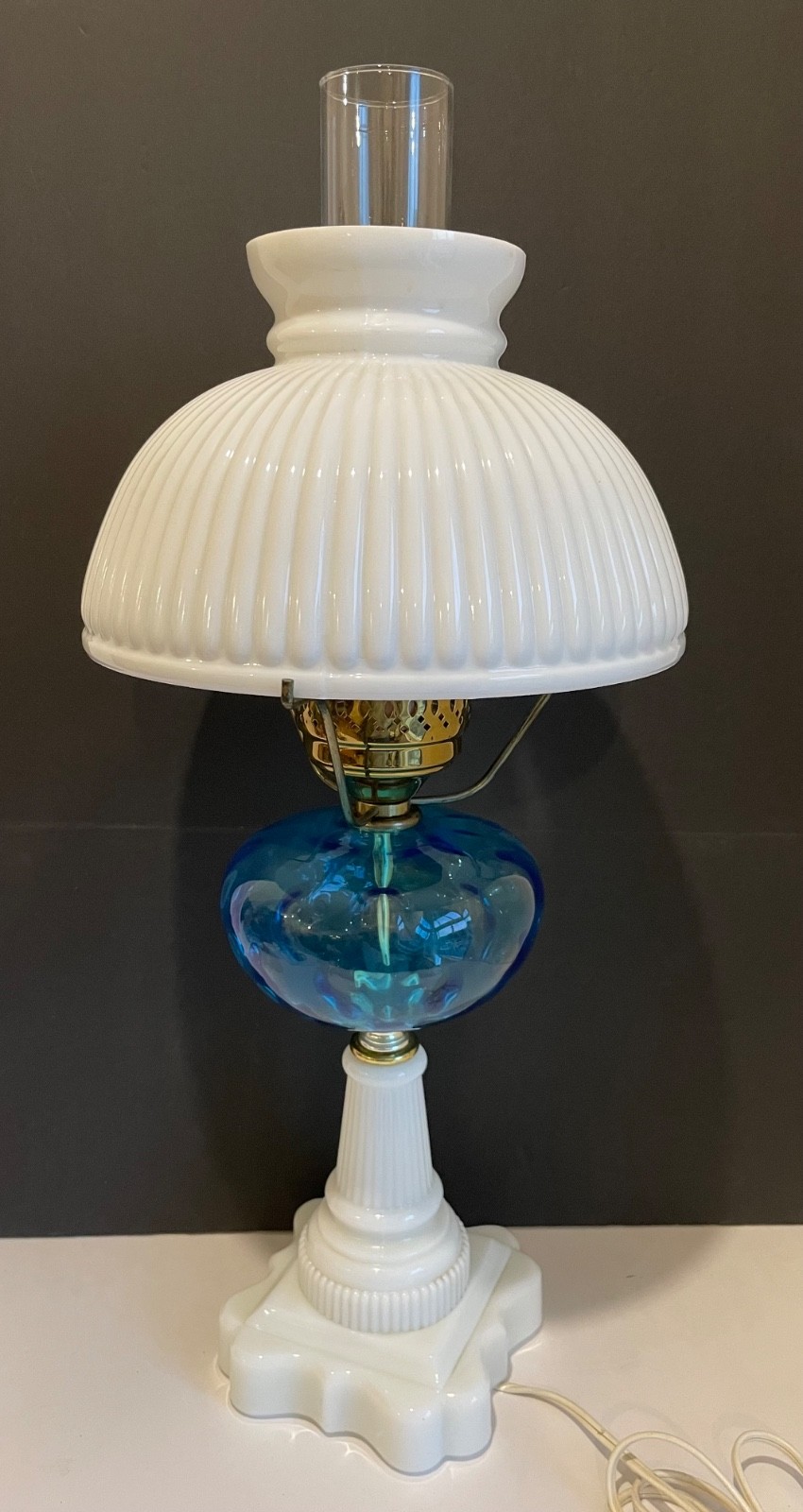 Vintage MCM Blue & Milk Glass Base & Ribbed Shade Hurricane Table Lamp 23”