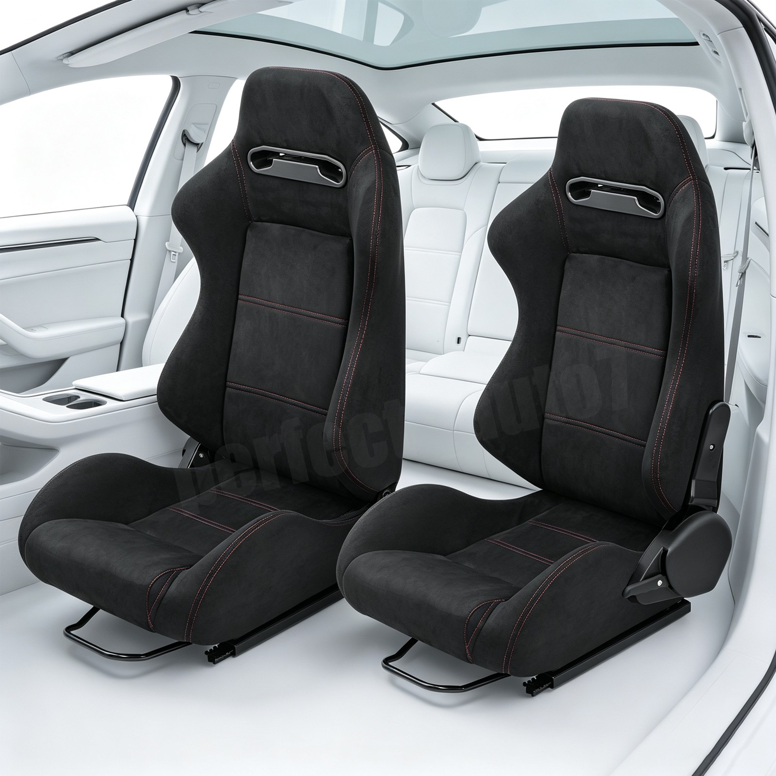 2Pcs Universal Car Racing Seats Reclinable Bucket Seats Black Suede with Slider