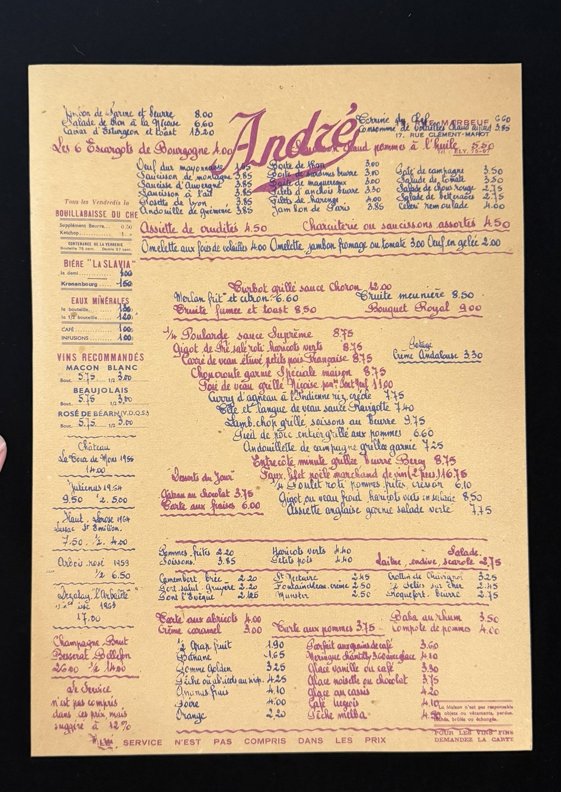 Vintage 1960s Andre Restaurant Menu, Rue Marbeuf Paris France André Vintage 1960s Andre Restaurant Menu, Rue Marbeuf Paris France André