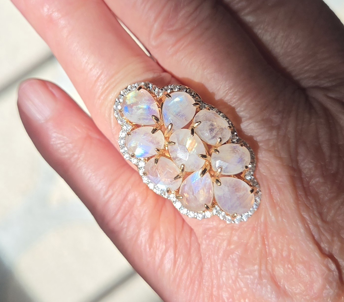Carol Brodie Rarities Large Rainbow Moonstone Cluster Ring Rose Gold Size 7