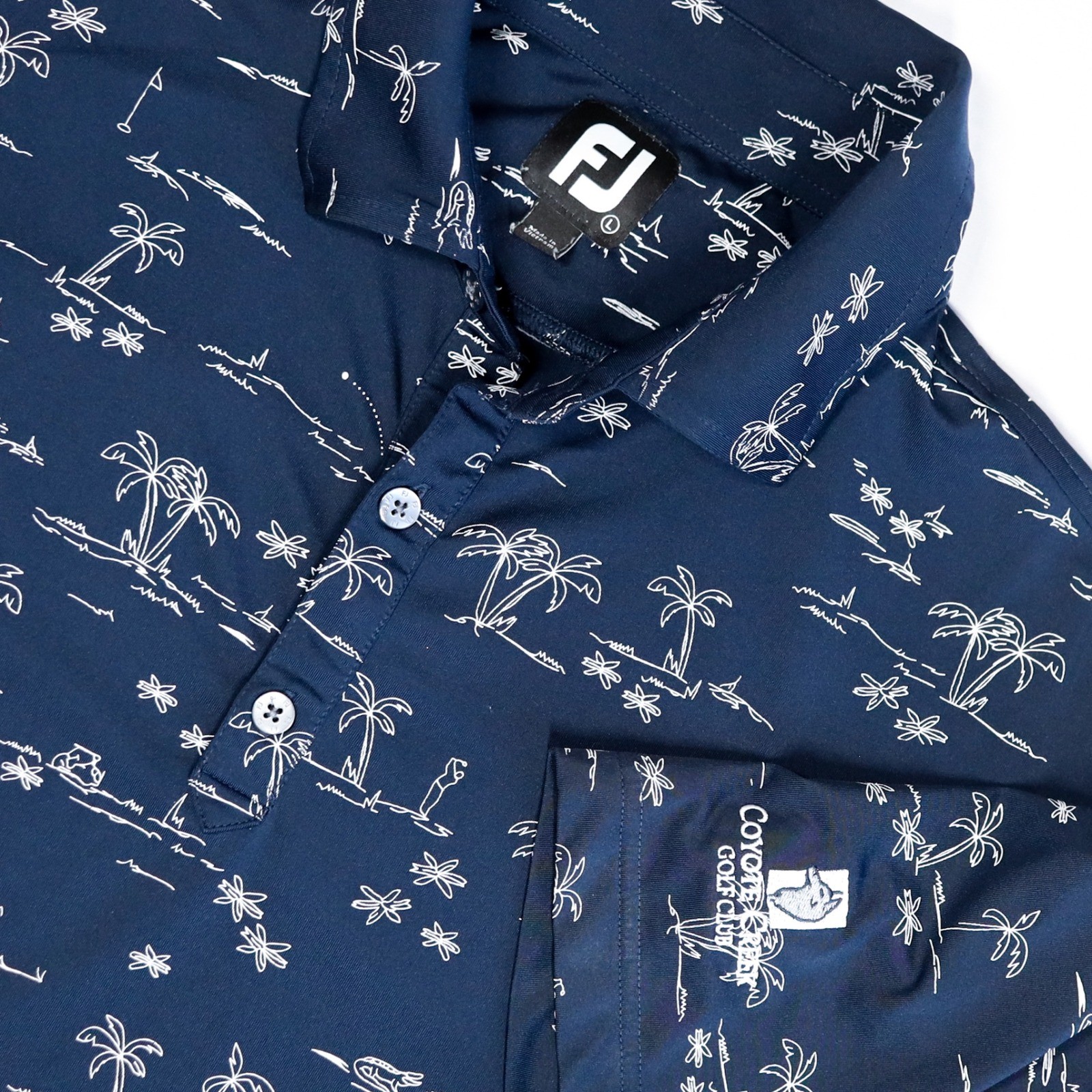 FootJoy Golf Polo Mens Large Navy AOP Palm Tree Print Tech Performance Summer