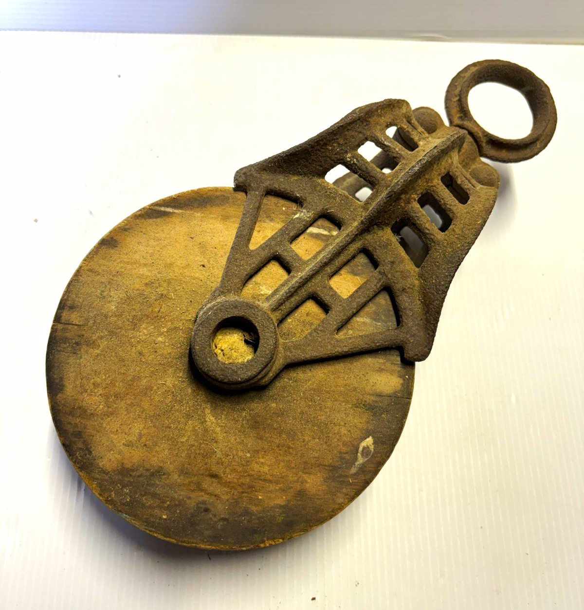 Antique Cast Iron & Wooden Swivel Single-Sheave Pulley Block w/ Hanging Ring Antique Cast Iron & Wooden Swivel Single-Sheave Pulley Block w/ Hanging Ring