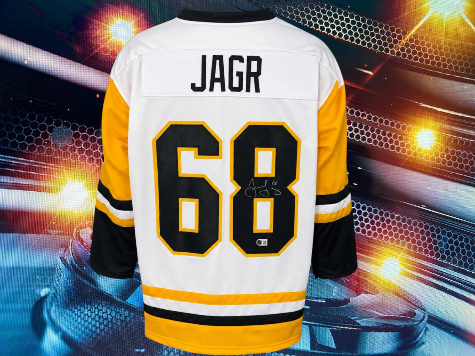 JAROMIR JAGR AUTOGRAPHED CUSTOM PITTSBURGH PENGUINS WHITE JERSEY COA BECKETT