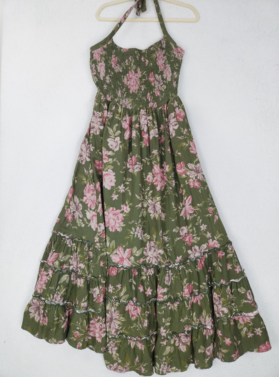 Torrid Dress Womens 2X Green Pink Floral Halter Smocked Maxi Festi Ruffle NEW