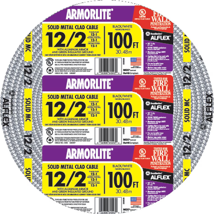 Southwire 100ft 12 2 Solid Aluminum Armored MC Cable 600V 20A Electric Wire