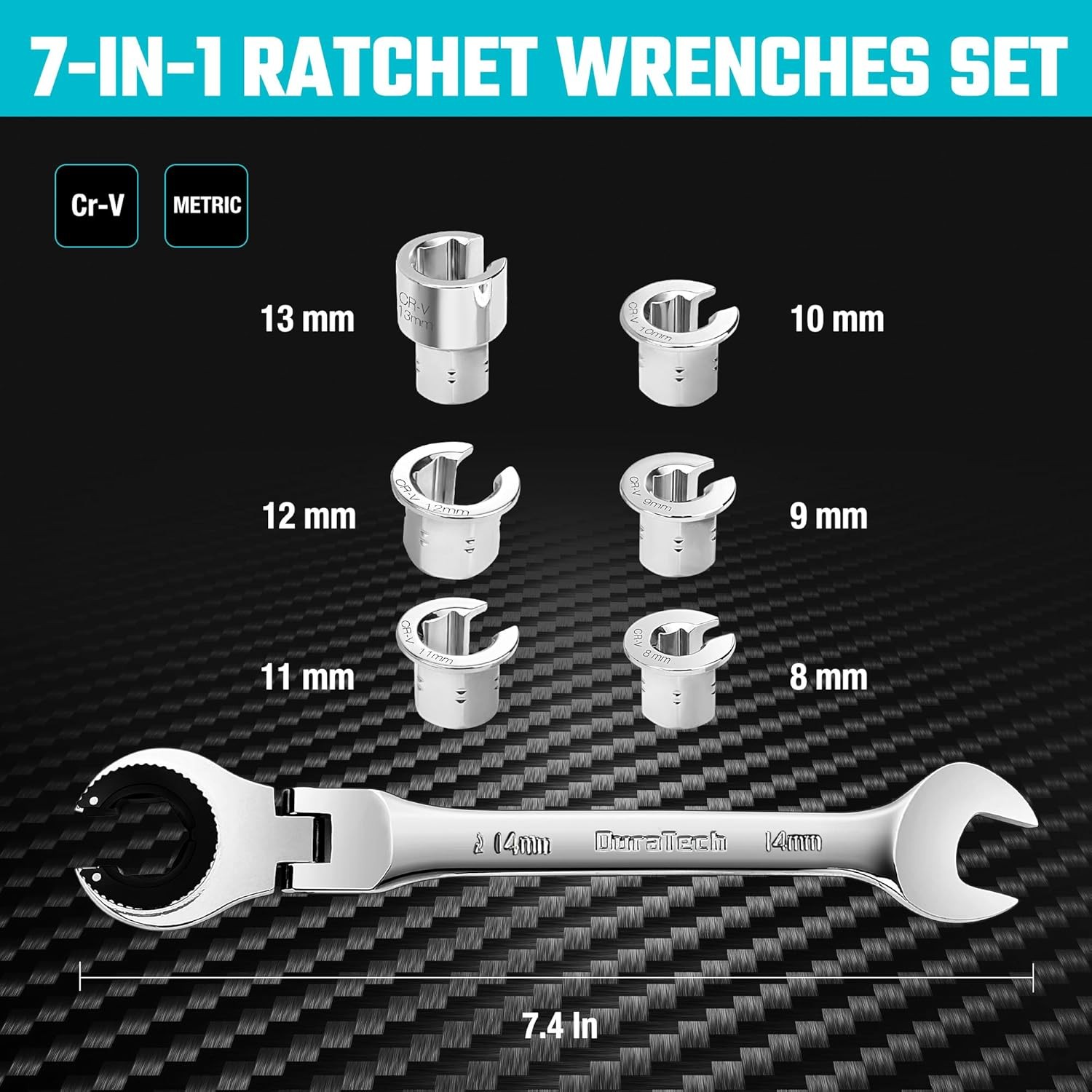DURATECH 7-In-1 Ratcheting Wrench Set Metric 8-14mm Open Flex-head Tubing Wrench