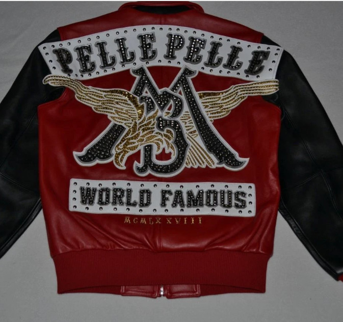 Pelle Pelle Red and Black Studded Biker Coat by Jacket Theory