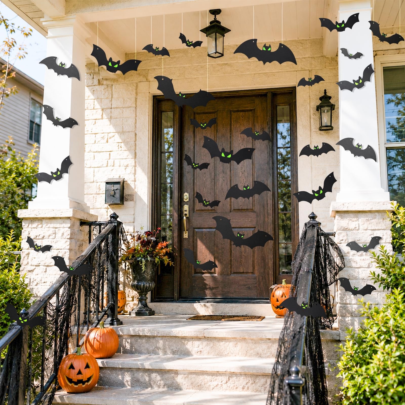 18PCS Bats Halloween Decoration with Glowing Eyes, Hang & 15.7 inches, BLACK