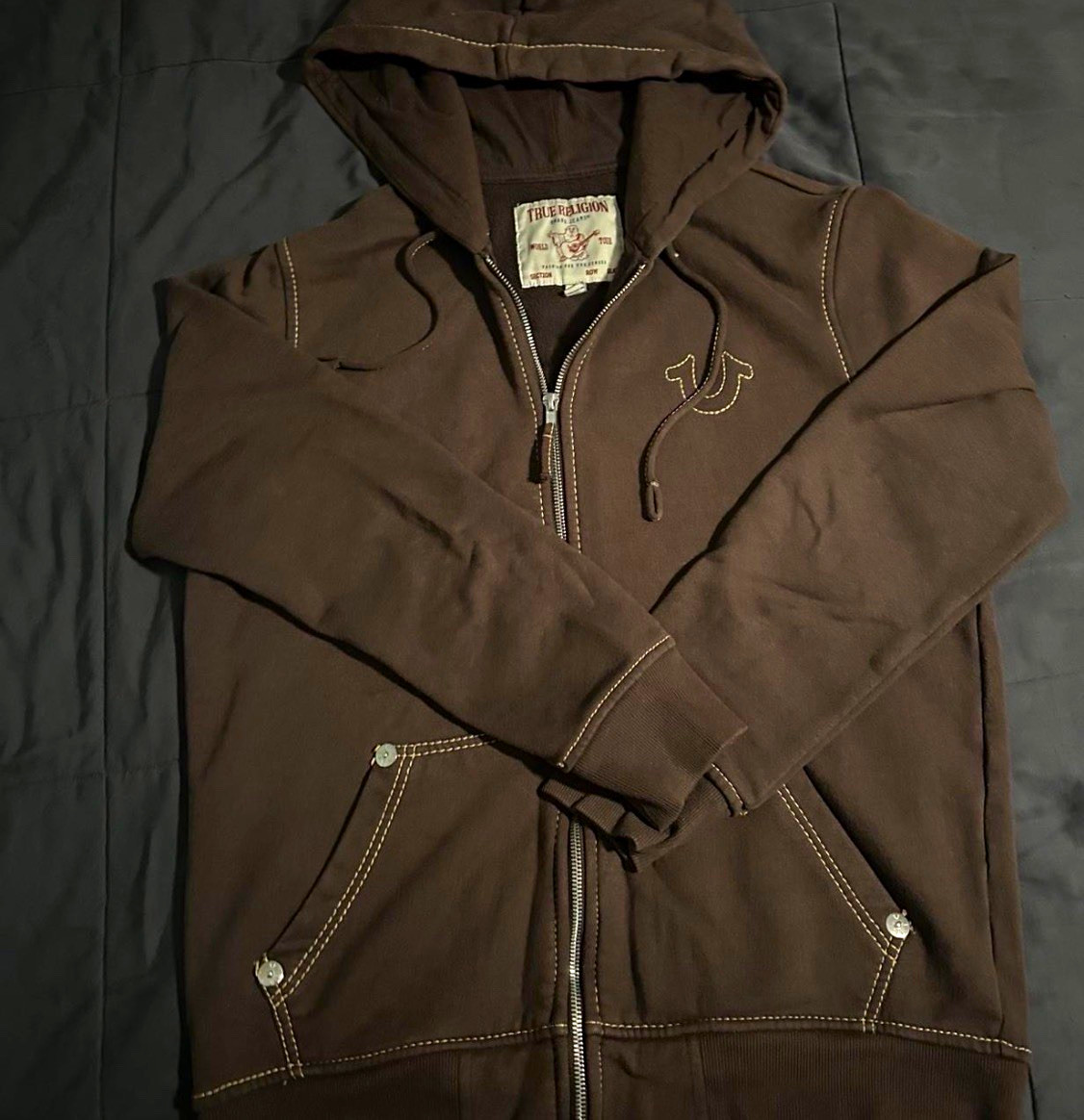 True Religion Men’s M Brown Full Zip Fleece Hoodie Embroidered Logo Graphic