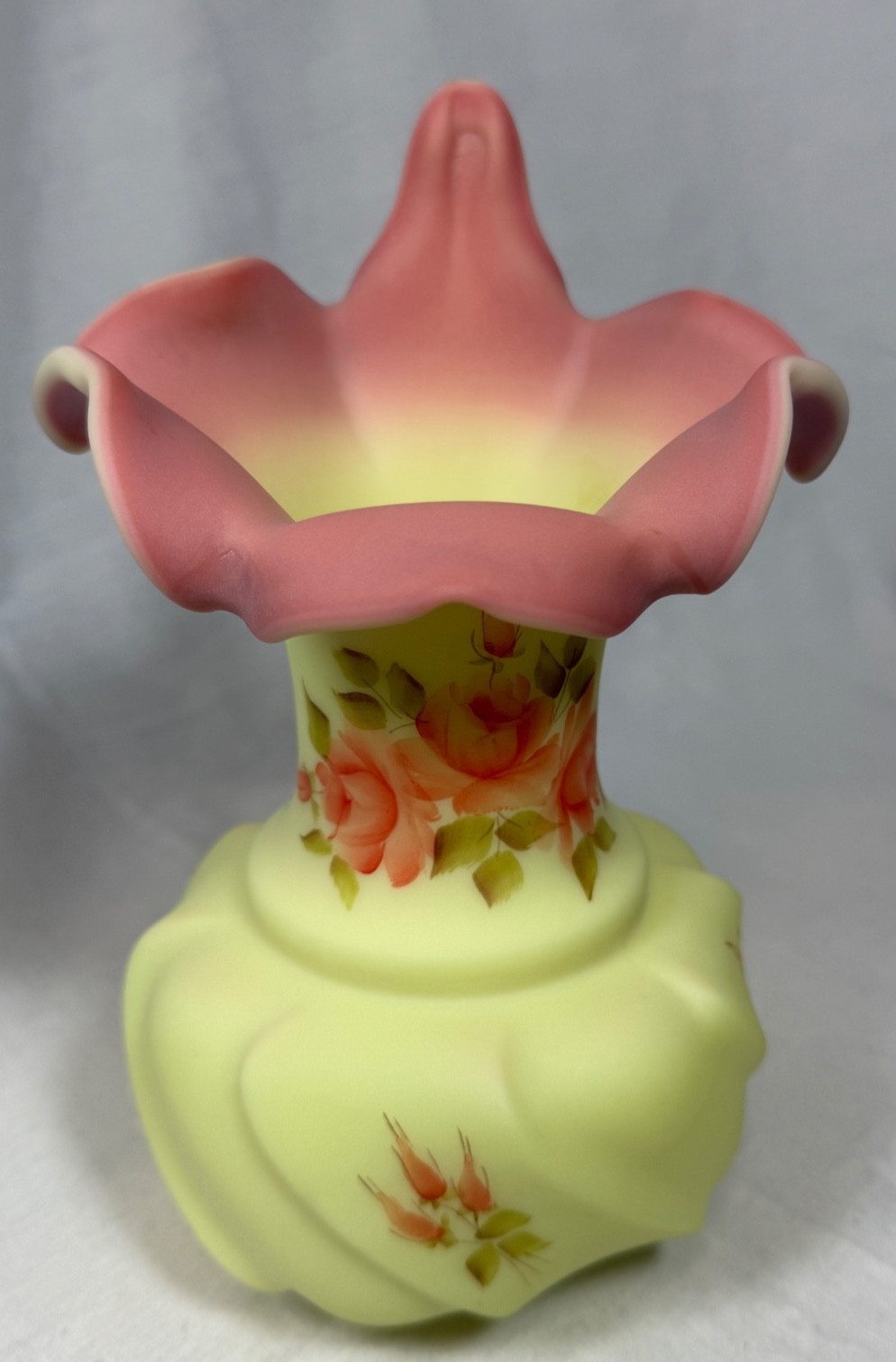 Fenton Burmese LTD ED HP Decorated Roses 7” Wavecrest Tulip Vase  Uranium Glow