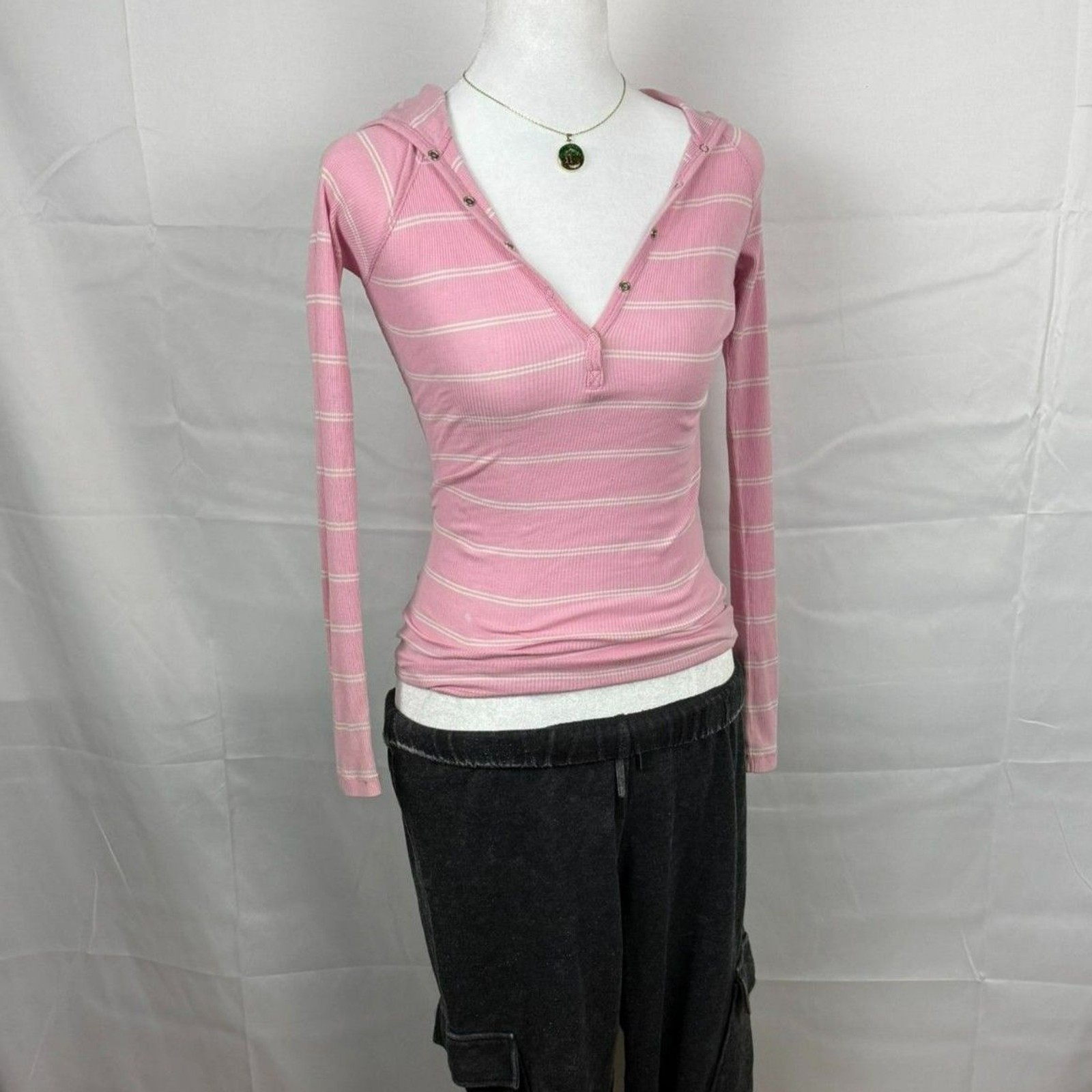 Y2K Aeropostale Pink Striped Hooded Henley Long Sleeve Top - XS