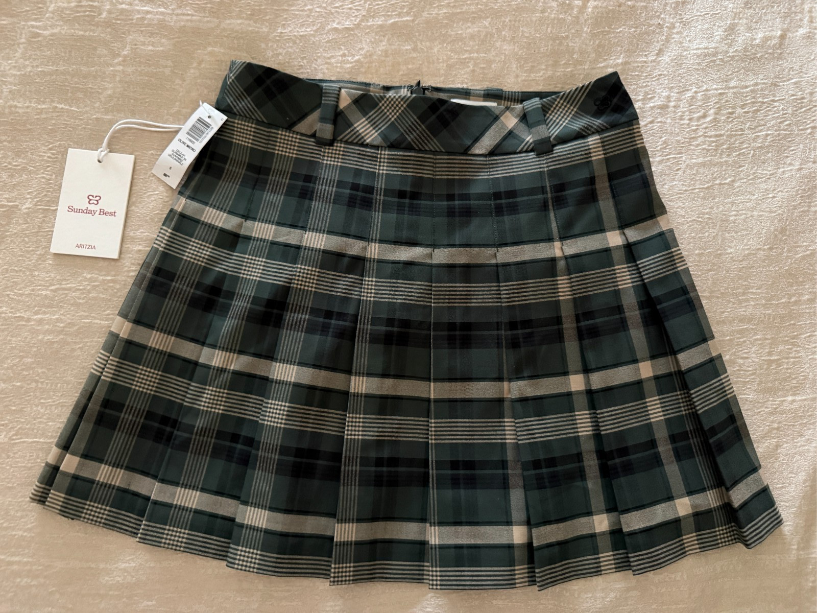 NWT Aritzia Sunday Best Plaid Olive Micro Pleated Mini Skirt Size 6